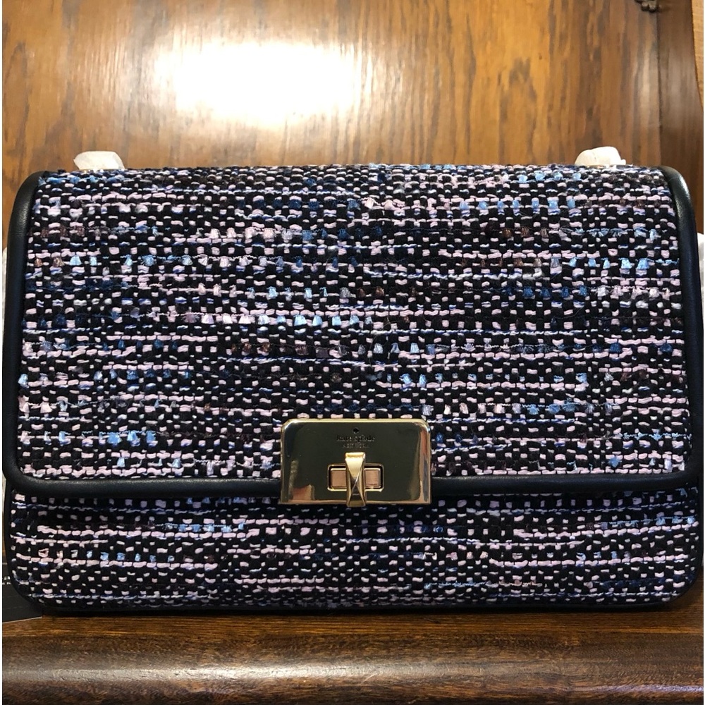 NWT-Kate Spade-Carey Tweed Medium Flap Shoulder Bag-Dark Navy & Black Multi-$499